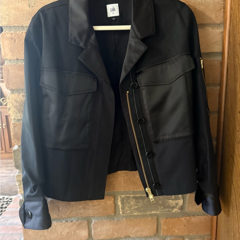 CAbi Satin Black Bomber Jacket with Gold Accents